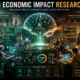 Futuristic AI economy visualization showing human workers, intelligent robots, productivity analytics, workforce transformation, and AI-driven economic growth inside a smart city environment.