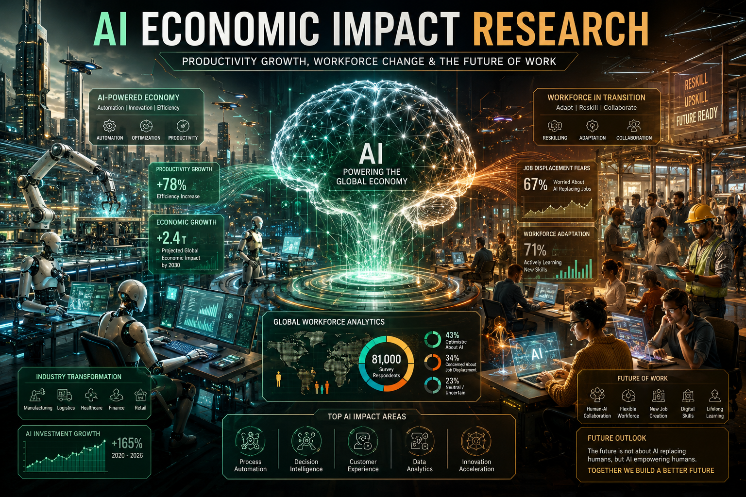 Futuristic AI economy visualization showing human workers, intelligent robots, productivity analytics, workforce transformation, and AI-driven economic growth inside a smart city environment.