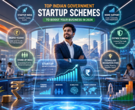 Futuristic Indian startup innovation hub featuring a young entrepreneur with holographic business dashboards, startup funding visuals, AI analytics, and government startup scheme icons.