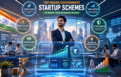 Futuristic Indian startup innovation hub featuring a young entrepreneur with holographic business dashboards, startup funding visuals, AI analytics, and government startup scheme icons.