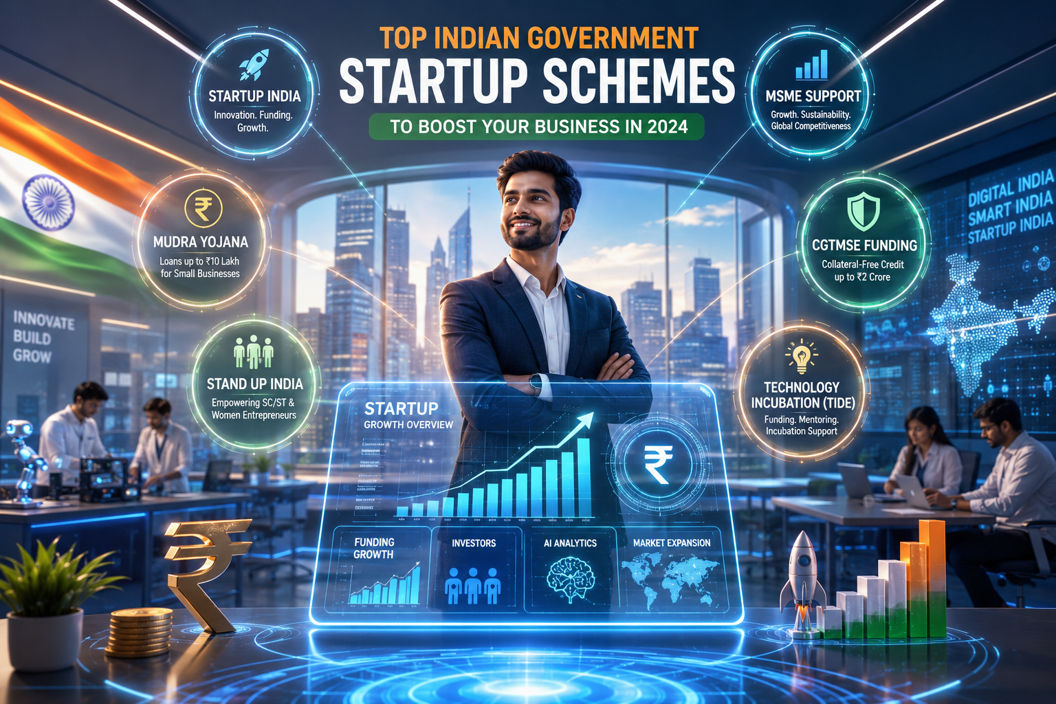 Futuristic Indian startup innovation hub featuring a young entrepreneur with holographic business dashboards, startup funding visuals, AI analytics, and government startup scheme icons.