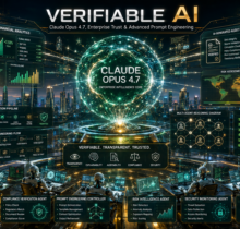 Luxurious futuristic AI enterprise headquarters featuring Claude Opus 4.7 holographic intelligence core, financial analytics dashboards, AI verification systems, and advanced prompt engineering workflows.