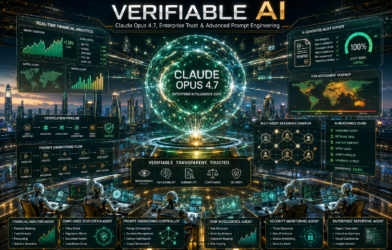 Luxurious futuristic AI enterprise headquarters featuring Claude Opus 4.7 holographic intelligence core, financial analytics dashboards, AI verification systems, and advanced prompt engineering workflows.