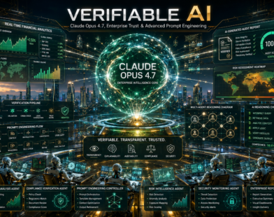 Luxurious futuristic AI enterprise headquarters featuring Claude Opus 4.7 holographic intelligence core, financial analytics dashboards, AI verification systems, and advanced prompt engineering workflows.