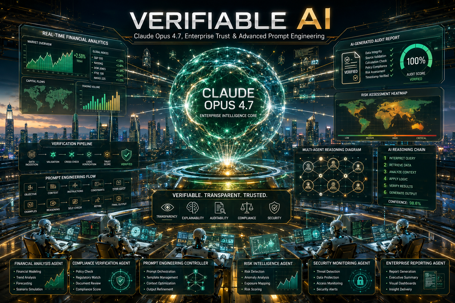 Luxurious futuristic AI enterprise headquarters featuring Claude Opus 4.7 holographic intelligence core, financial analytics dashboards, AI verification systems, and advanced prompt engineering workflows.