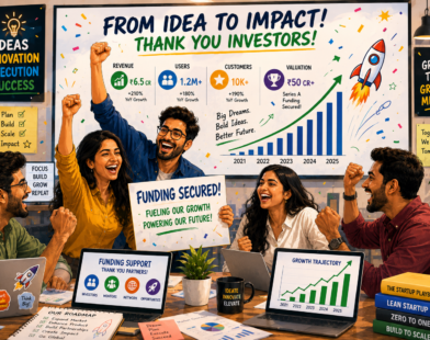 Startup Success Celebration with Growth Charts and Funding Support