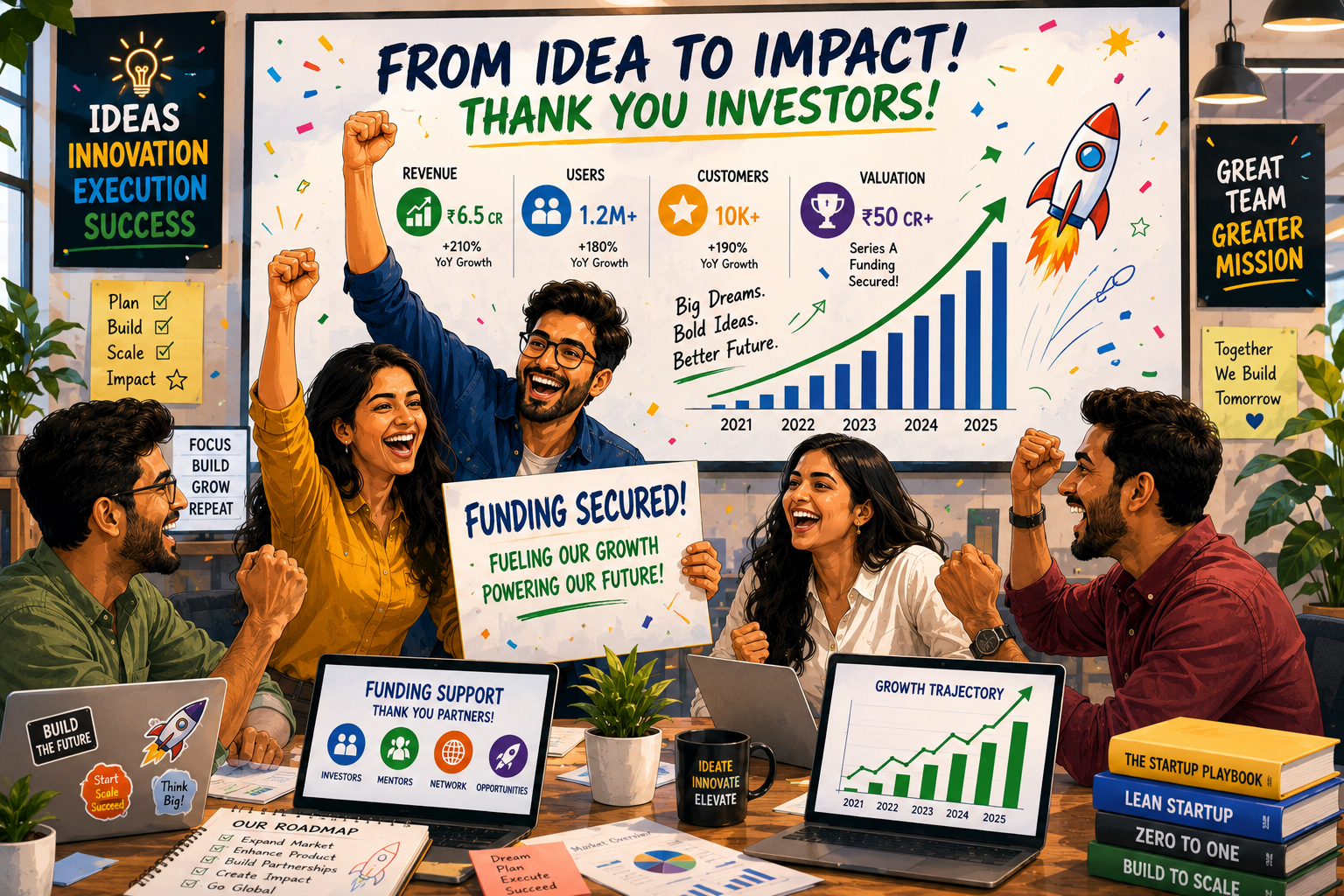 Startup Success Celebration with Growth Charts and Funding Support