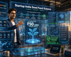 Indian startup founder applying for the Startup India Seed Fund Scheme using a futuristic holographic funding dashboard.