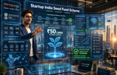 Indian startup founder applying for the Startup India Seed Fund Scheme using a futuristic holographic funding dashboard.