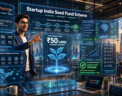 Indian startup founder applying for the Startup India Seed Fund Scheme using a futuristic holographic funding dashboard.