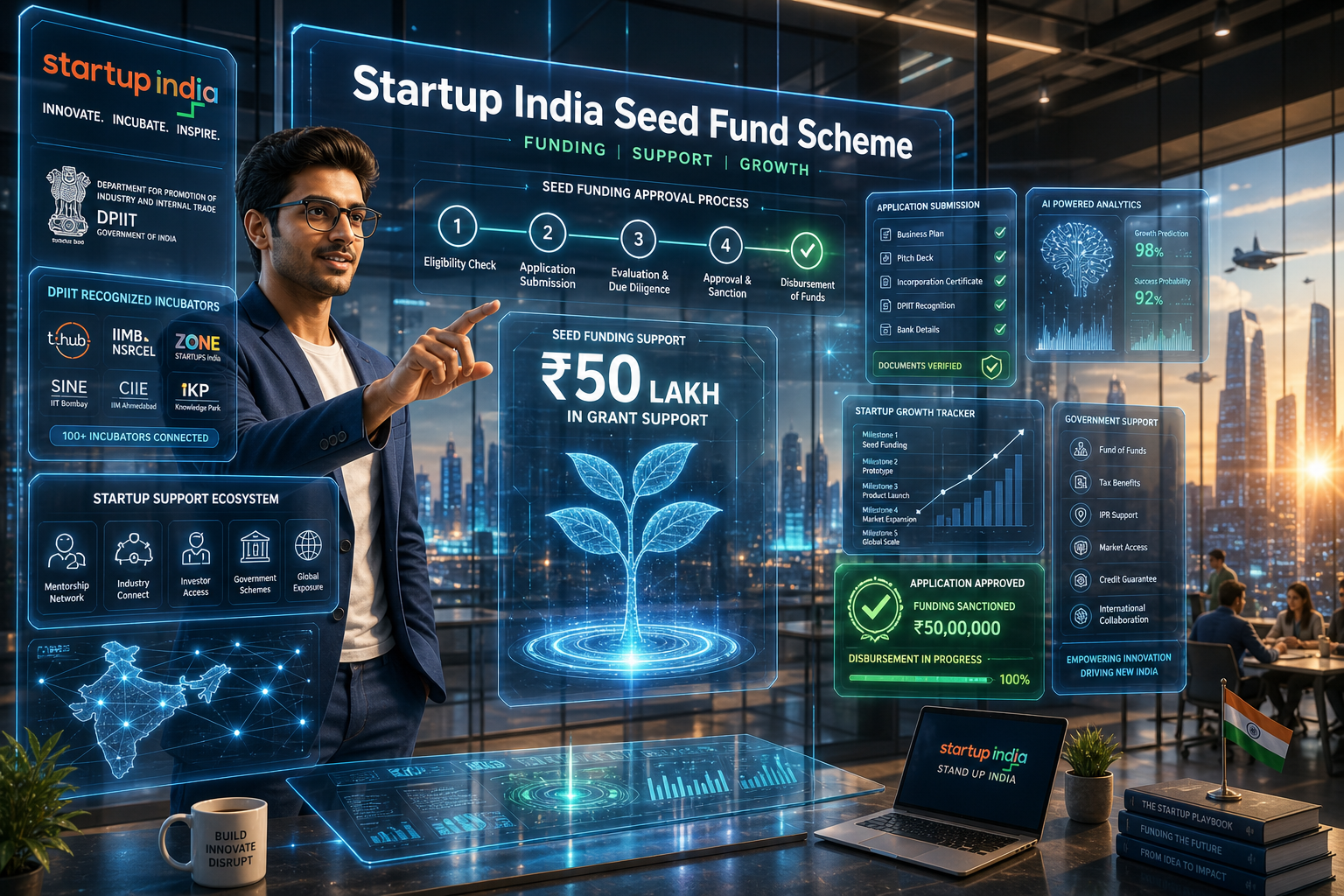 Indian startup founder applying for the Startup India Seed Fund Scheme using a futuristic holographic funding dashboard.