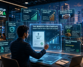 Entrepreneur reviewing startup tax benefits and seed funding dashboards in a futuristic fintech workspace.