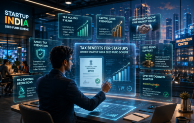 Entrepreneur reviewing startup tax benefits and seed funding dashboards in a futuristic fintech workspace.