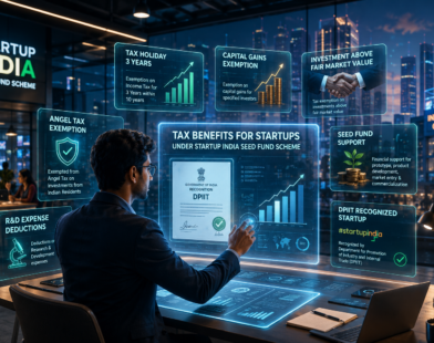 Entrepreneur reviewing startup tax benefits and seed funding dashboards in a futuristic fintech workspace.