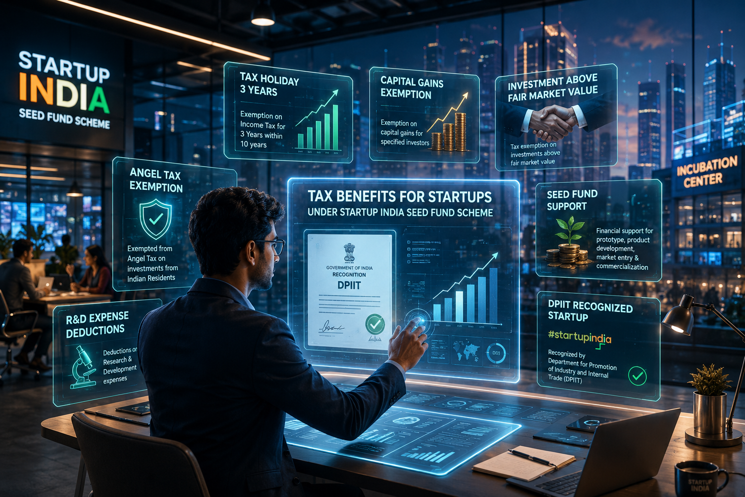 Entrepreneur reviewing startup tax benefits and seed funding dashboards in a futuristic fintech workspace.