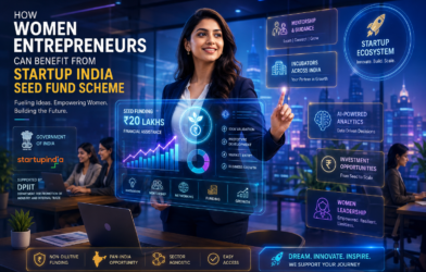 Indian woman entrepreneur using startup funding technology dashboard in a futuristic business workspace
