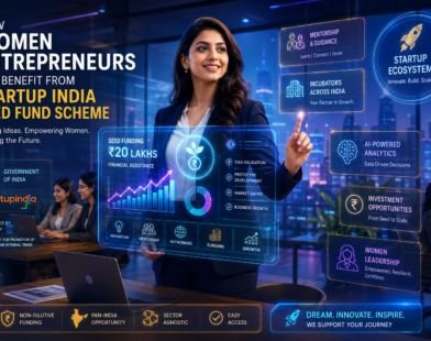 Indian woman entrepreneur using startup funding technology dashboard in a futuristic business workspace