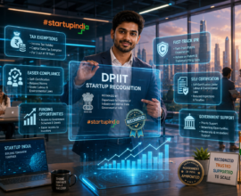 Indian startup founder showcasing DPIIT startup recognition benefits with holographic business growth charts and government support visuals.