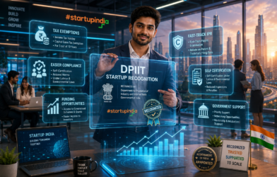Indian startup founder showcasing DPIIT startup recognition benefits with holographic business growth charts and government support visuals.