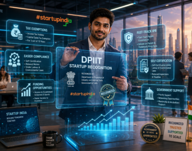 Indian startup founder showcasing DPIIT startup recognition benefits with holographic business growth charts and government support visuals.