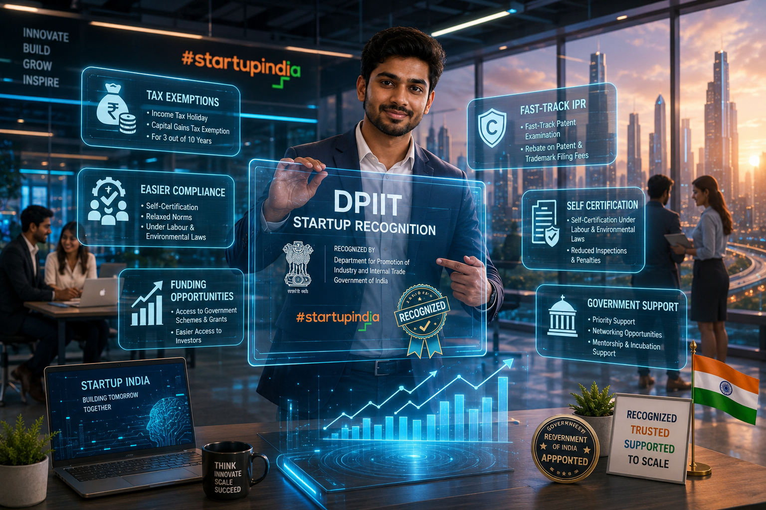 Indian startup founder showcasing DPIIT startup recognition benefits with holographic business growth charts and government support visuals.