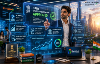 Indian entrepreneur using a holographic DPIIT startup recognition dashboard inside a futuristic startup innovation center.