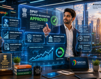 Indian entrepreneur using a holographic DPIIT startup recognition dashboard inside a futuristic startup innovation center.