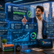 Indian entrepreneur using a holographic DPIIT startup recognition dashboard inside a futuristic startup innovation center.