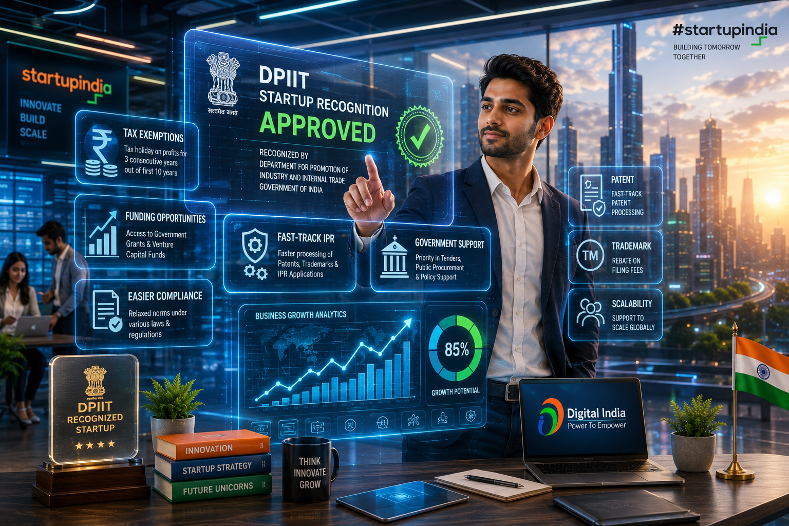 Indian entrepreneur using a holographic DPIIT startup recognition dashboard inside a futuristic startup innovation center.