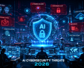 Futuristic AI cybersecurity threats 2026 concept showing cyber attacks, deepfake scams, ransomware, and digital security protection systems.
