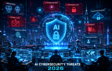 Futuristic AI cybersecurity threats 2026 concept showing cyber attacks, deepfake scams, ransomware, and digital security protection systems.