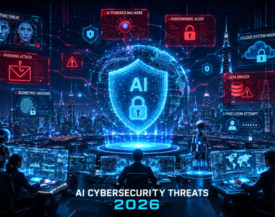 Futuristic AI cybersecurity threats 2026 concept showing cyber attacks, deepfake scams, ransomware, and digital security protection systems.
