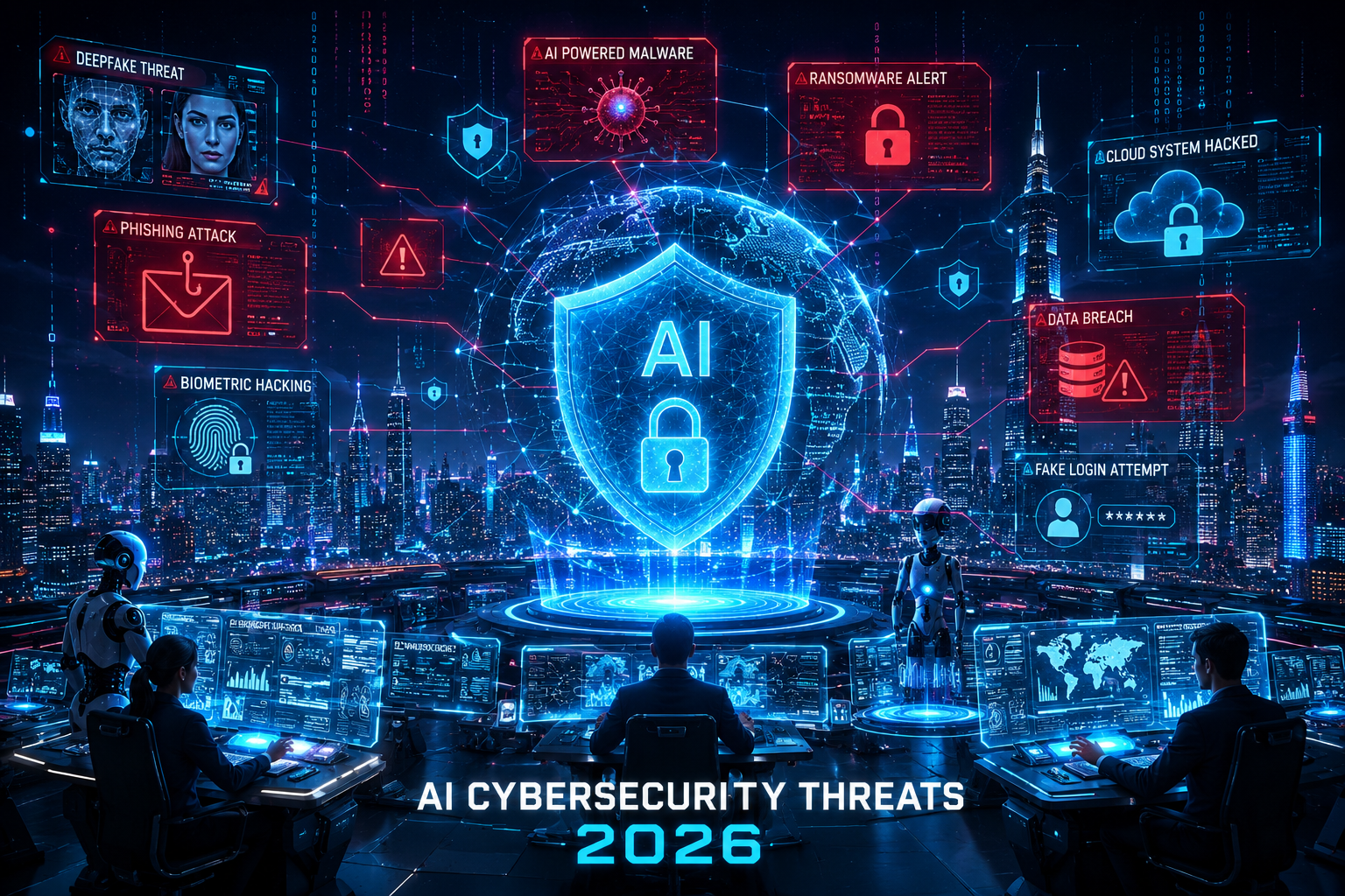 Futuristic AI cybersecurity threats 2026 concept showing cyber attacks, deepfake scams, ransomware, and digital security protection systems.