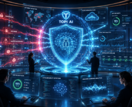 Futuristic enterprise cybersecurity command center with Topi AI holographic shield protecting cloud infrastructure, APIs, and enterprise software systems from advanced cyber threats and ransomware attacks.