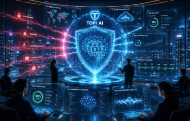 Futuristic enterprise cybersecurity command center with Topi AI holographic shield protecting cloud infrastructure, APIs, and enterprise software systems from advanced cyber threats and ransomware attacks.