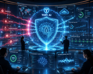 Futuristic enterprise cybersecurity command center with Topi AI holographic shield protecting cloud infrastructure, APIs, and enterprise software systems from advanced cyber threats and ransomware attacks.