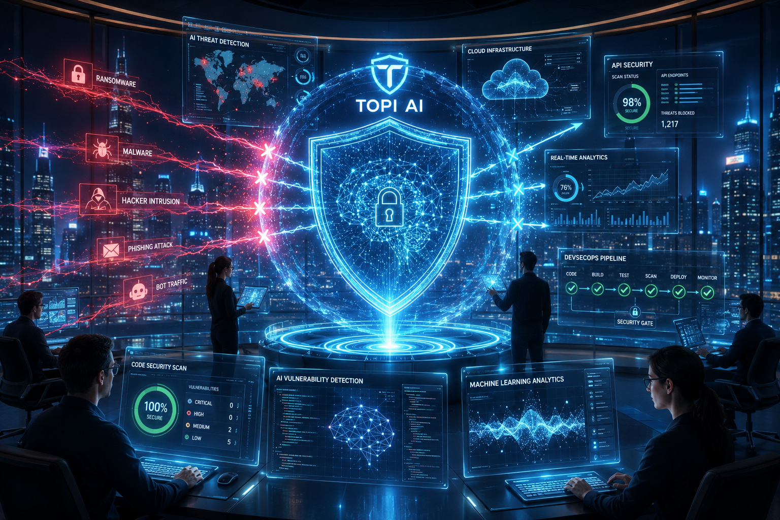 Futuristic enterprise cybersecurity command center with Topi AI holographic shield protecting cloud infrastructure, APIs, and enterprise software systems from advanced cyber threats and ransomware attacks.