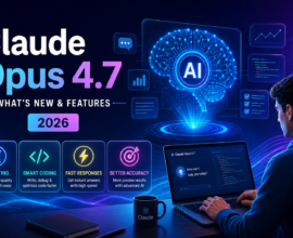 Claude Opus 4.7 AI features illustration showing smart coding, AI writing, fast responses, and futuristic interface