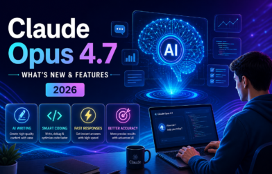 Claude Opus 4.7 AI features illustration showing smart coding, AI writing, fast responses, and futuristic interface