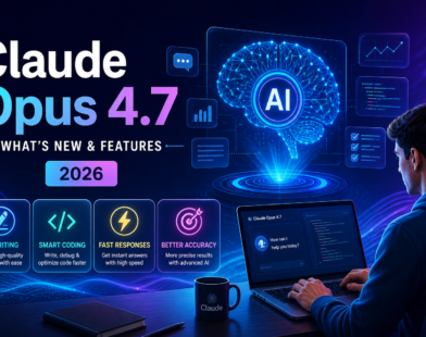 Claude Opus 4.7 AI features illustration showing smart coding, AI writing, fast responses, and futuristic interface