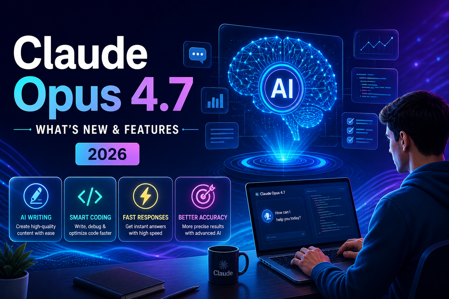 Claude Opus 4.7 AI features illustration showing smart coding, AI writing, fast responses, and futuristic interface