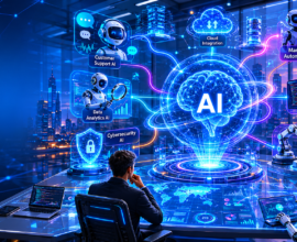 Futuristic AI operations headquarters in 2026 showing multiple intelligent AI agents connected through a glowing orchestration core with holographic dashboards, automation workflows, cybersecurity systems, coding assistants, robotics control, and smart city background.