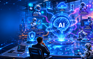 Futuristic AI operations headquarters in 2026 showing multiple intelligent AI agents connected through a glowing orchestration core with holographic dashboards, automation workflows, cybersecurity systems, coding assistants, robotics control, and smart city background.