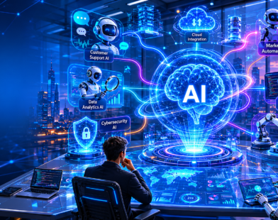 Futuristic AI operations headquarters in 2026 showing multiple intelligent AI agents connected through a glowing orchestration core with holographic dashboards, automation workflows, cybersecurity systems, coding assistants, robotics control, and smart city background.