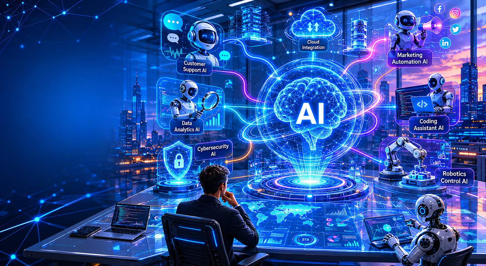 Futuristic AI operations headquarters in 2026 showing multiple intelligent AI agents connected through a glowing orchestration core with holographic dashboards, automation workflows, cybersecurity systems, coding assistants, robotics control, and smart city background.