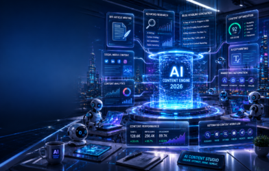 Futuristic AI content studio in 2026 showing advanced AI blog post generators creating SEO articles, keyword research, content optimization dashboards, marketing automation workflows, and AI-powered blogging systems inside a smart digital workspace.