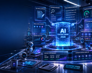 Futuristic AI content studio in 2026 showing advanced AI blog post generators creating SEO articles, keyword research, content optimization dashboards, marketing automation workflows, and AI-powered blogging systems inside a smart digital workspace.