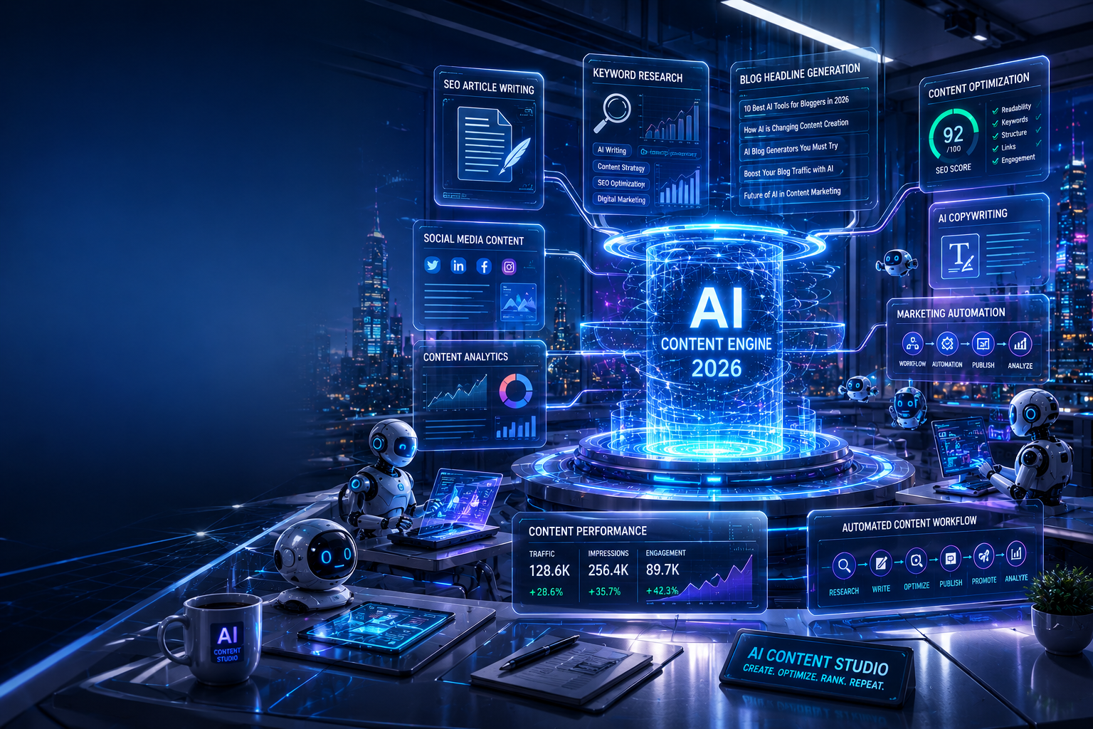 Futuristic AI content studio in 2026 showing advanced AI blog post generators creating SEO articles, keyword research, content optimization dashboards, marketing automation workflows, and AI-powered blogging systems inside a smart digital workspace.