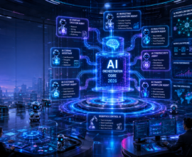 Futuristic AI operations headquarters in 2026 featuring autonomous AI workflow agents connected through a glowing orchestration core with holographic dashboards, automation pipelines, cybersecurity systems, AI analytics, robotic assistants, and smart enterprise infrastructure.