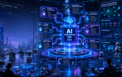 Futuristic AI operations headquarters in 2026 featuring autonomous AI workflow agents connected through a glowing orchestration core with holographic dashboards, automation pipelines, cybersecurity systems, AI analytics, robotic assistants, and smart enterprise infrastructure.